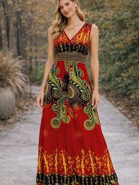 Red V-Neck Bohemian Maxi Dress - Floral Paisley Print